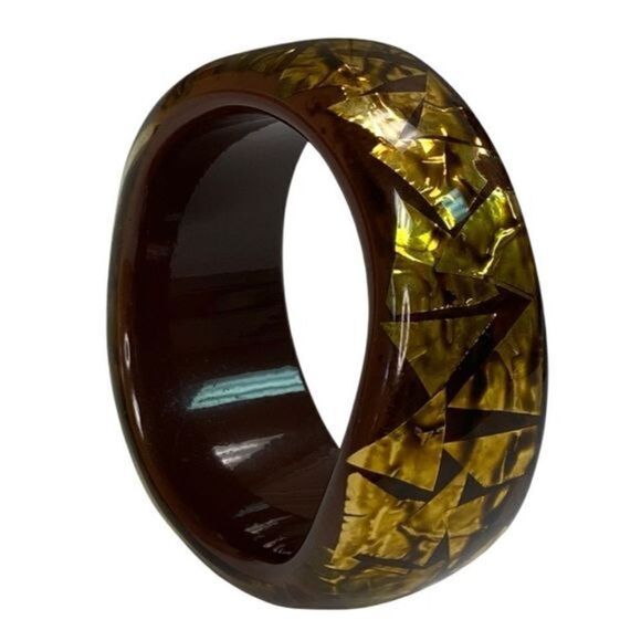 Vintage Chunky Lucite Bangle Bracelet Chocolate Brown w/Embedded Gold‎ Confetti - Picture 3 of 10